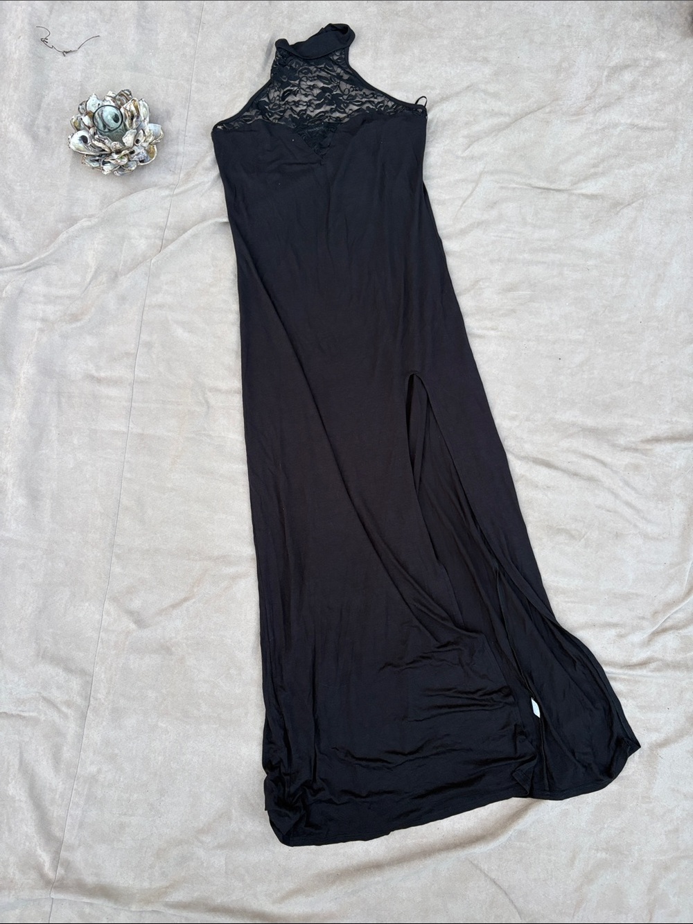 🖤Missguided Fashion Black Lace-Trim Halter Back Out Sundress Maxi with Slit - 14